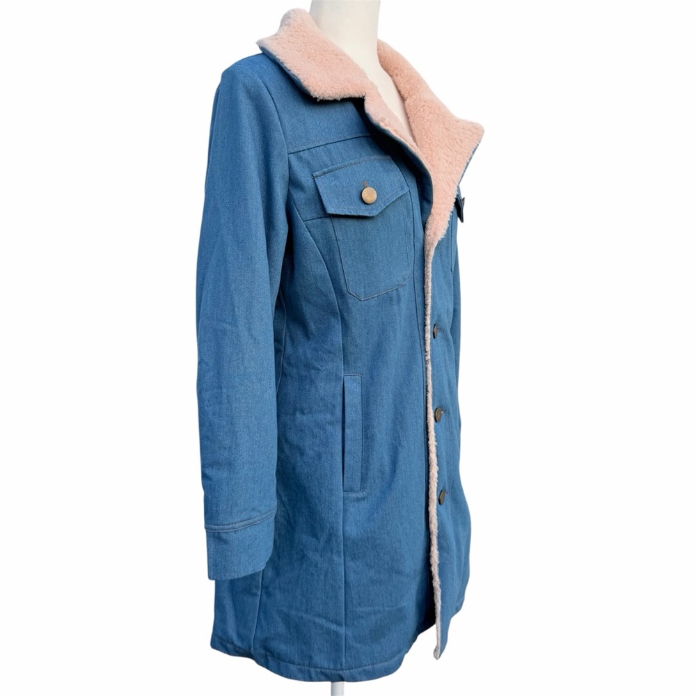 Denim Blue Western Cowgirl Boho-Chic Sherpa-Lined Longline Jacket Women’s Medium - Picture 2 of 7